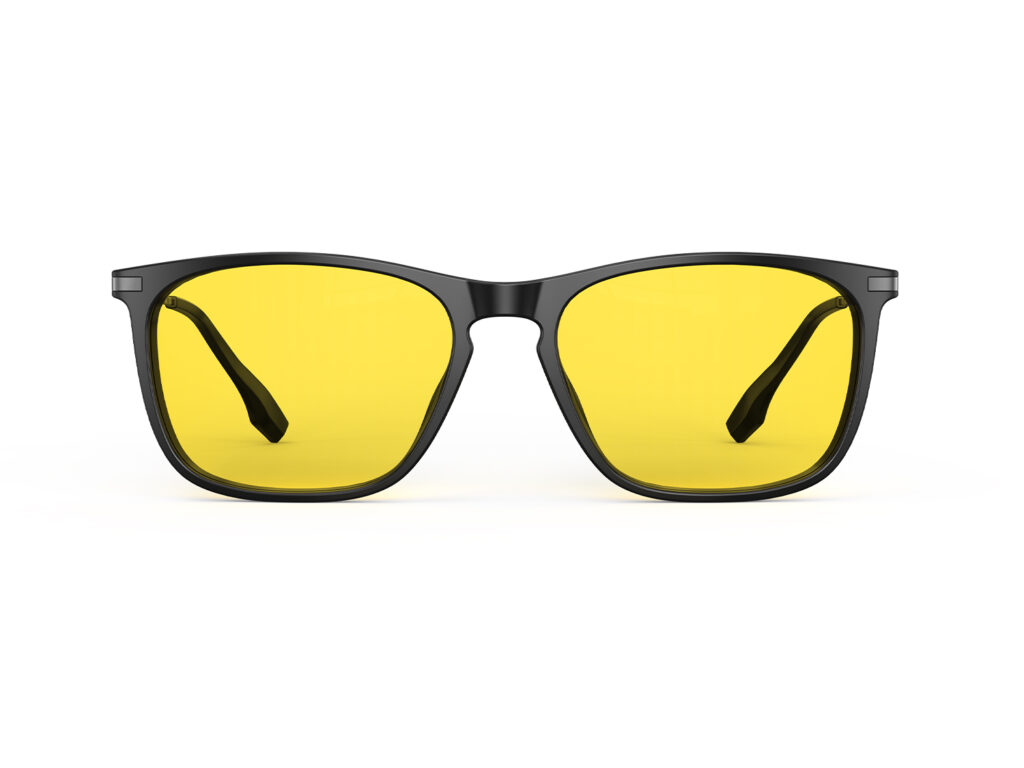 A Front view of Gloojo Sun Boost Yellow Lens Rectangle Screen Glasses – Black Gunmetal