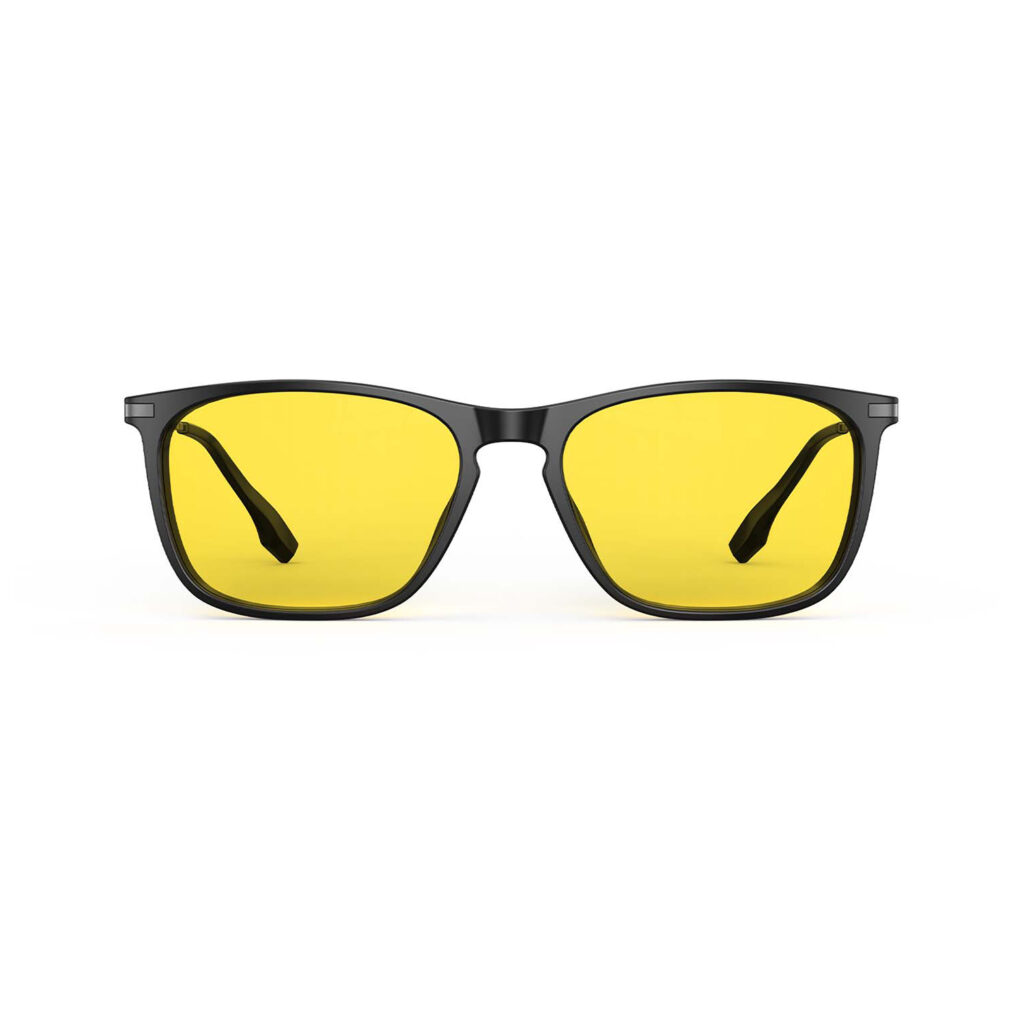 A Front view of Gloojo Sun Boost Yellow Tinted Lens Rectangle Screen Glasses – Black Gunmetal