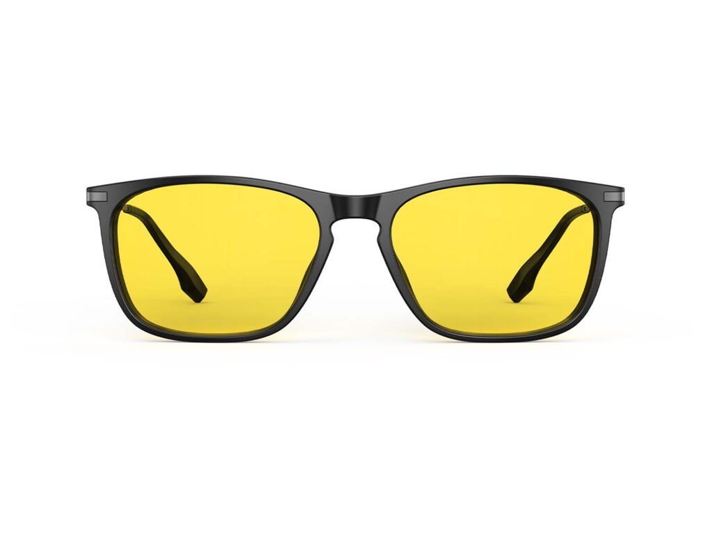 A Front view of Gloojo Sun Boost Yellow Tinted Lens Rectangle Screen Glasses – Black Gunmetal