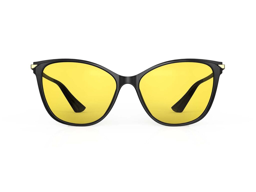 A Front view of Gloojo Sun Boost Yellow Lens Cat Eye Screen Glasses – Black Gold