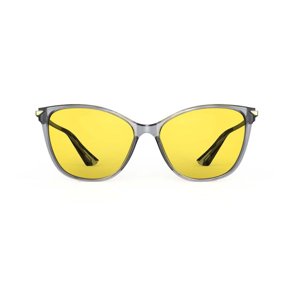 A Front view of Gloojo Sun Boost Yellow Lens Cat Eye Screen Glasses – Grey Gold
