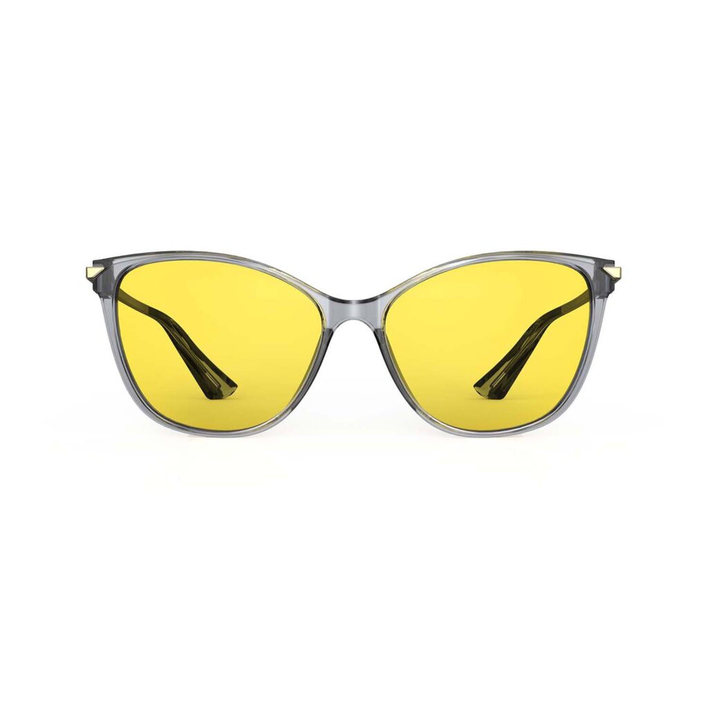 A Front view of Gloojo Sun Boost Yellow Lens Cat Eye Screen Glasses – Grey Gold