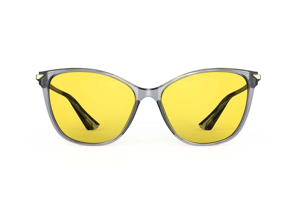 A Front view of Gloojo Sun Boost Yellow Lens Cat Eye Screen Glasses – Grey Gold