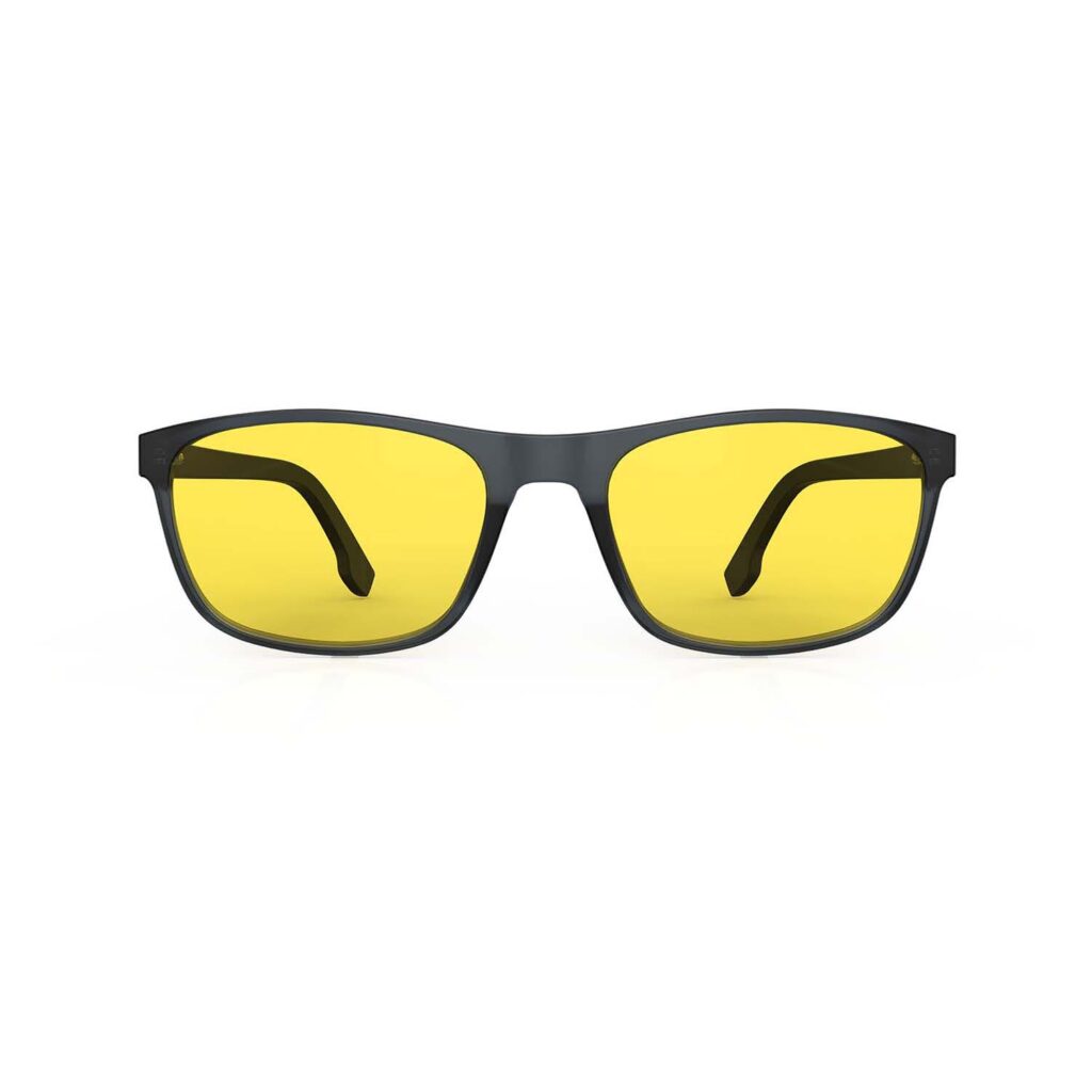 A Front view of Gloojo SunBoost Yellow Lens Rectangle Screen Glasses – Black