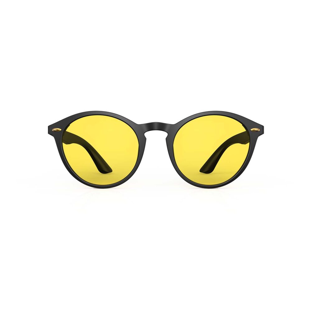 A Front view of Gloojo Sun Boost Yellow Lens Round Screen Glasses – Black