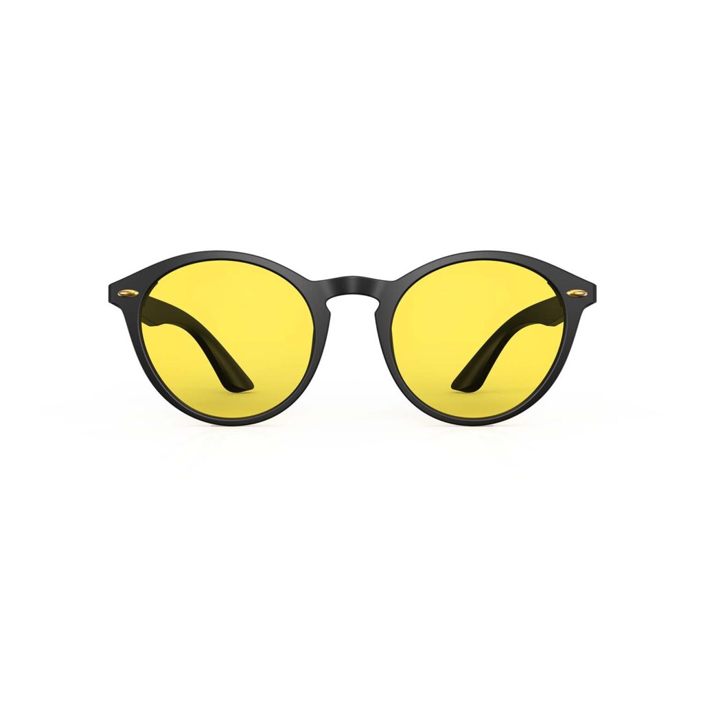 A Front view of Gloojo SunBoost Yellow Lens Round Screen Glasses – Black