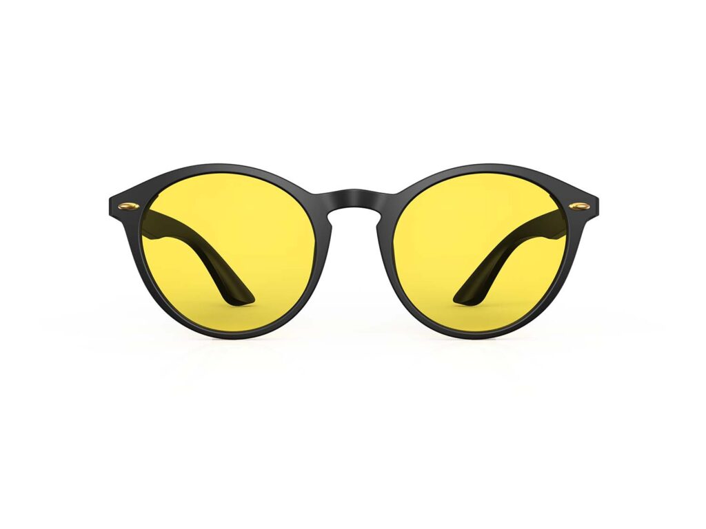 A Front view of Gloojo Sun Boost Yellow Lens Round Screen Glasses – Black