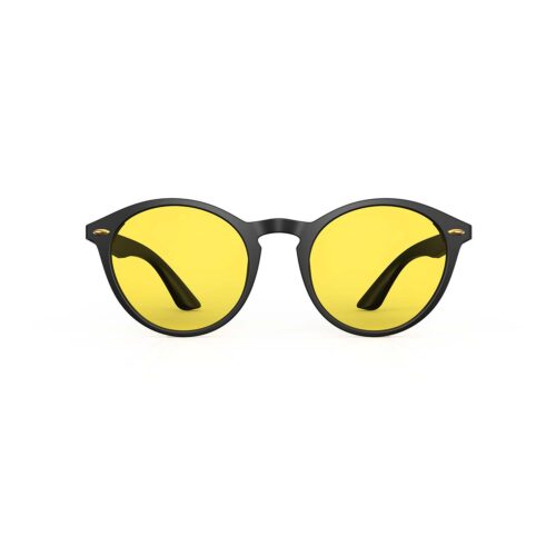 A Front view of Gloojo Sun Boost Yellow Lens Round Screen Glasses – Black