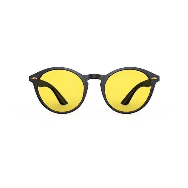 A Front view of Gloojo SunBoost Yellow Lens Round Screen Glasses – Black