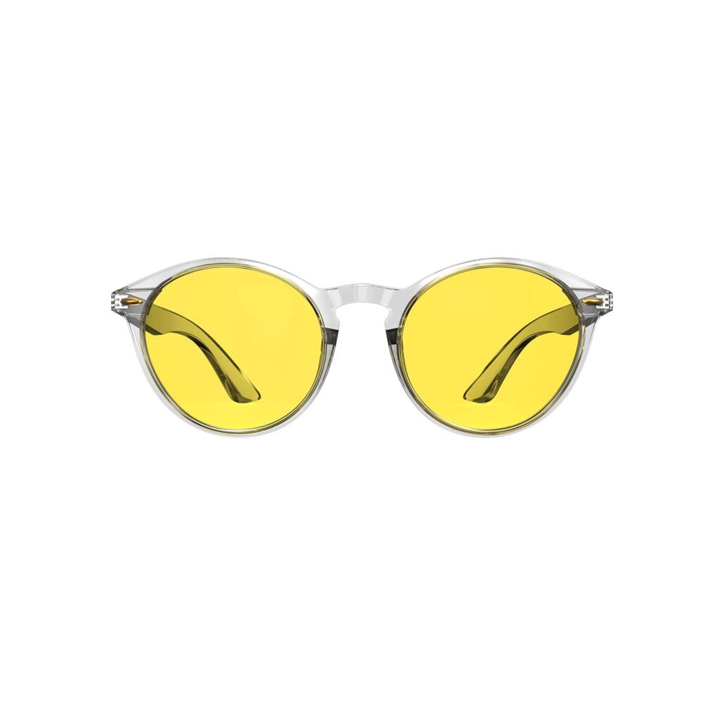 A Front view of Gloojo Sun Boost Yellow Lens Round Screen Glasses – Clear