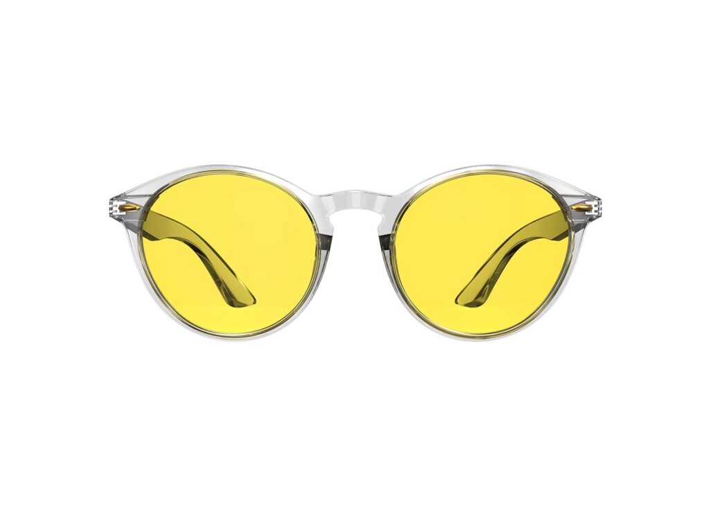 A Front view of Gloojo Sun Boost Yellow Lens Round Screen Glasses – Clear