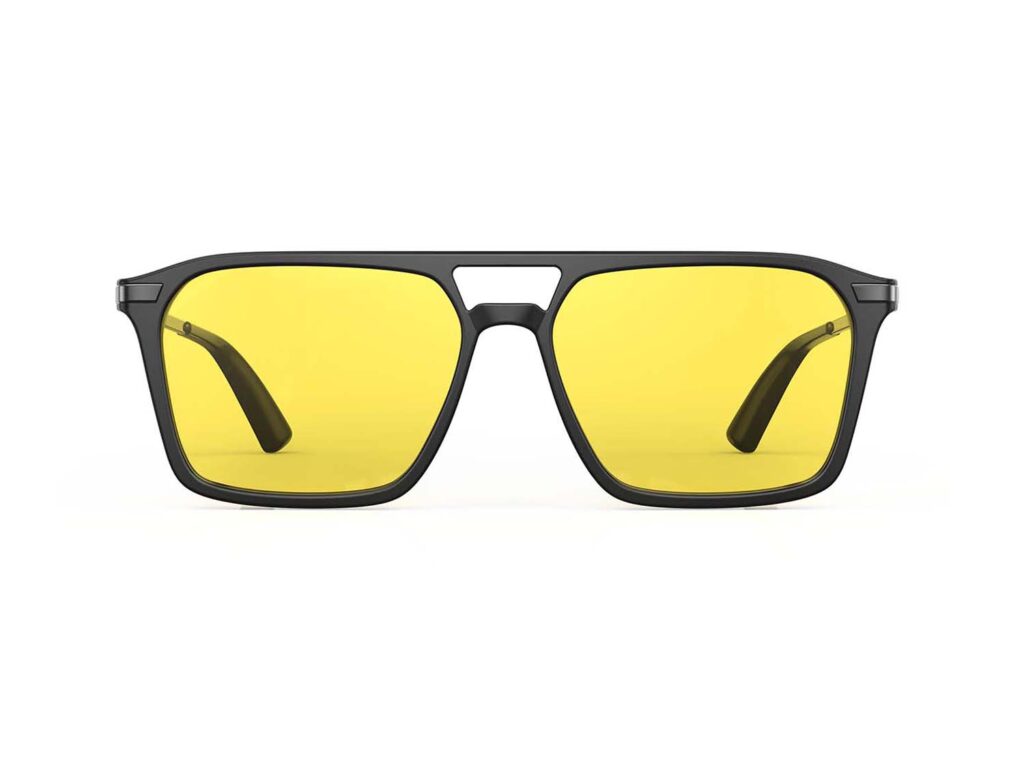A Front view of Gloojo Sun Boost Yellow Lens Square Aviator Screen Glasses – Black Gunmetal