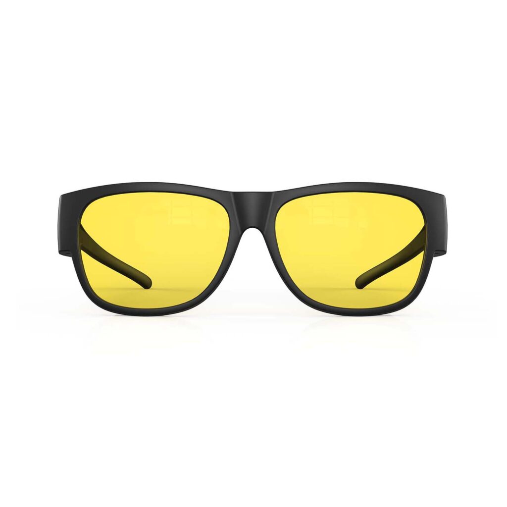 A Front view of Gloojo SunBoost Yellow Lens Square Fitover Screen Glasses – Black