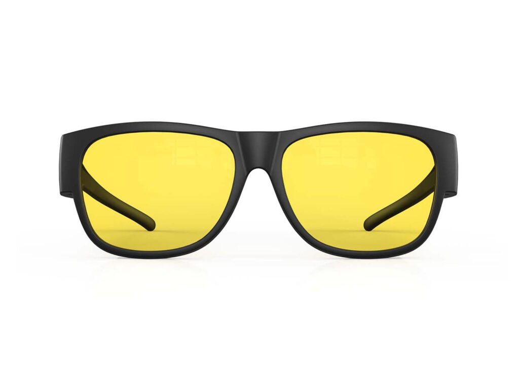 A Front view of Gloojo Sun Boost Yellow Lens Square Fitover Screen Glasses – Black