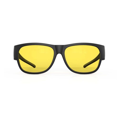 A Front view of Gloojo Sun Boost Yellow Lens Square Fitover Screen Glasses – Black