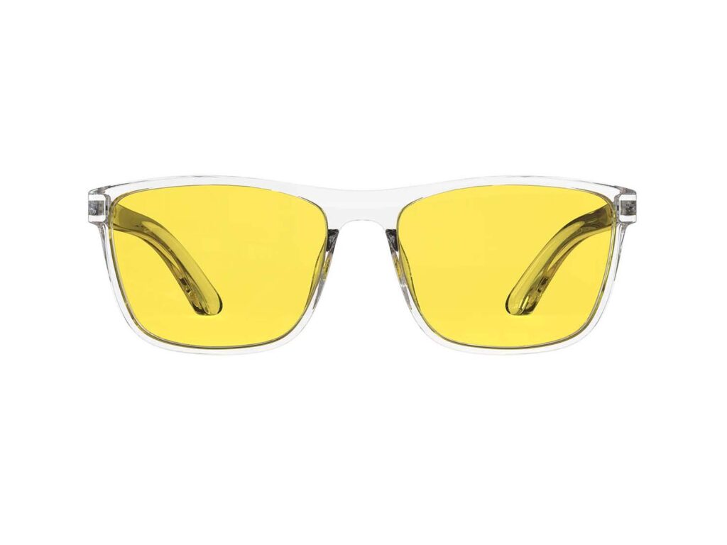 A Front view of Gloojo Sun Boost Yellow Lens wayfarer Screen Glasses – CLear