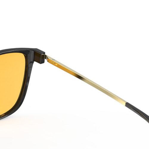 A Hinge closeup of Gloojo Amber Shield Amber Lens Cat Eye Light Sensitivity Glasses – Black Gold-1 A Hinge closeup of Gloojo Amber Shield Amber Lens Cat Eye Light Sensitivity Glasses – Black Gold-1