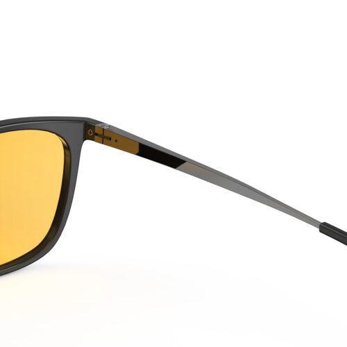 A Hinge closeup of Gloojo Amber Shield Amber Lens Rectangle Light Sensitivity Glasses – Black Gunmetal-1