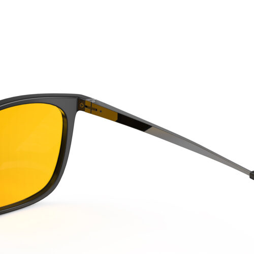 A Hinge closeup of Gloojo Amber Shield Amber Lens Rectangle Light Sensitivity Glasses – Black Gunmetal