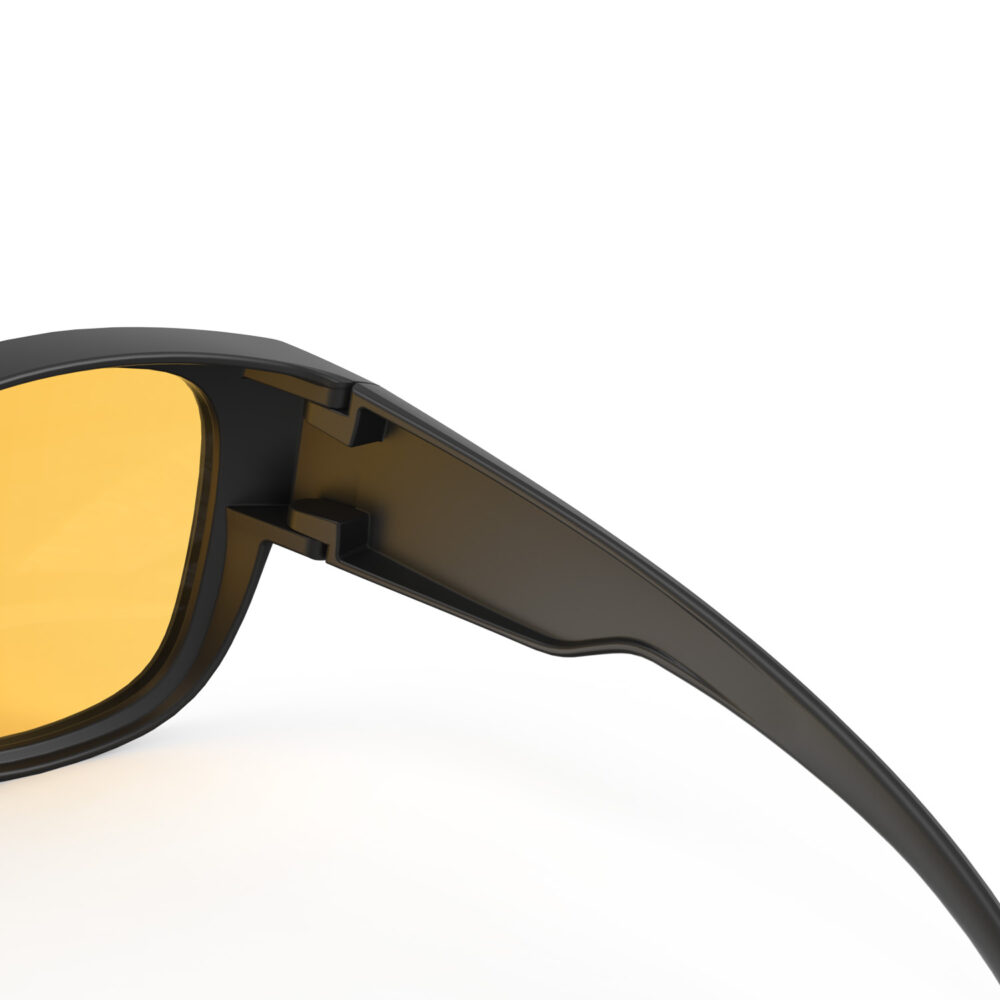 A Hinge closeup of Gloojo Amber Shield Amber Lens Square Fitover Light Sensitivity Glasses – Black-1