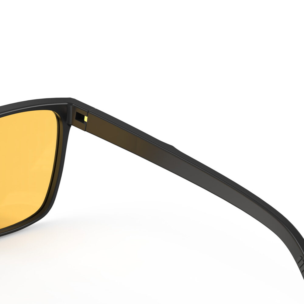 A Hinge closeup of Gloojo Amber Shield Classic Square Light Sensitivity Glasses - Black-1
