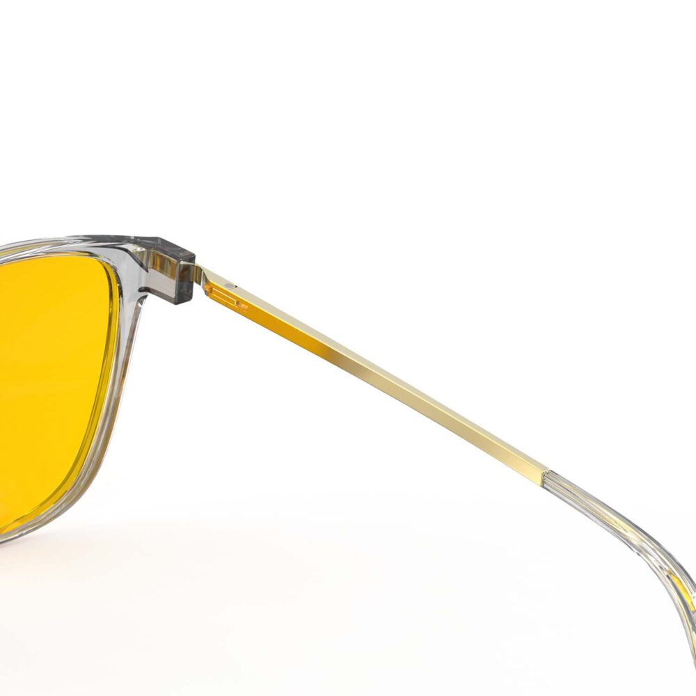 A Hinge closeup of Gloojo AmberShield Amber Lens Cat Eye Light Sensitivity Glasses – Grey Gold A Hinge closeup of Gloojo Amber Shield Amber Lens Cat Eye Light Sensitivity Glasses – Grey Gold