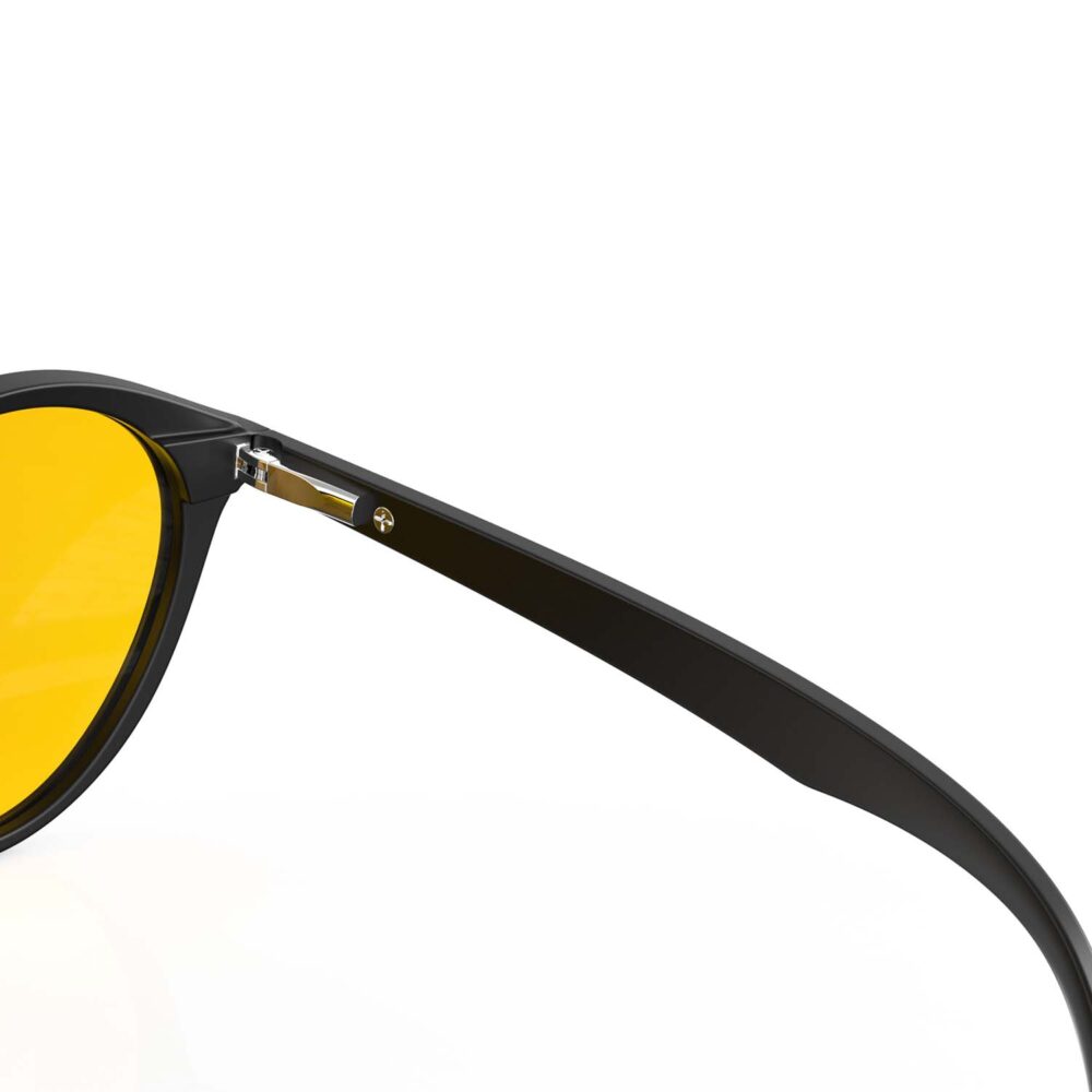 A Hinge closeup of Gloojo Amber Shield Amber Lens Round Light Sensitivity Glasses – Black