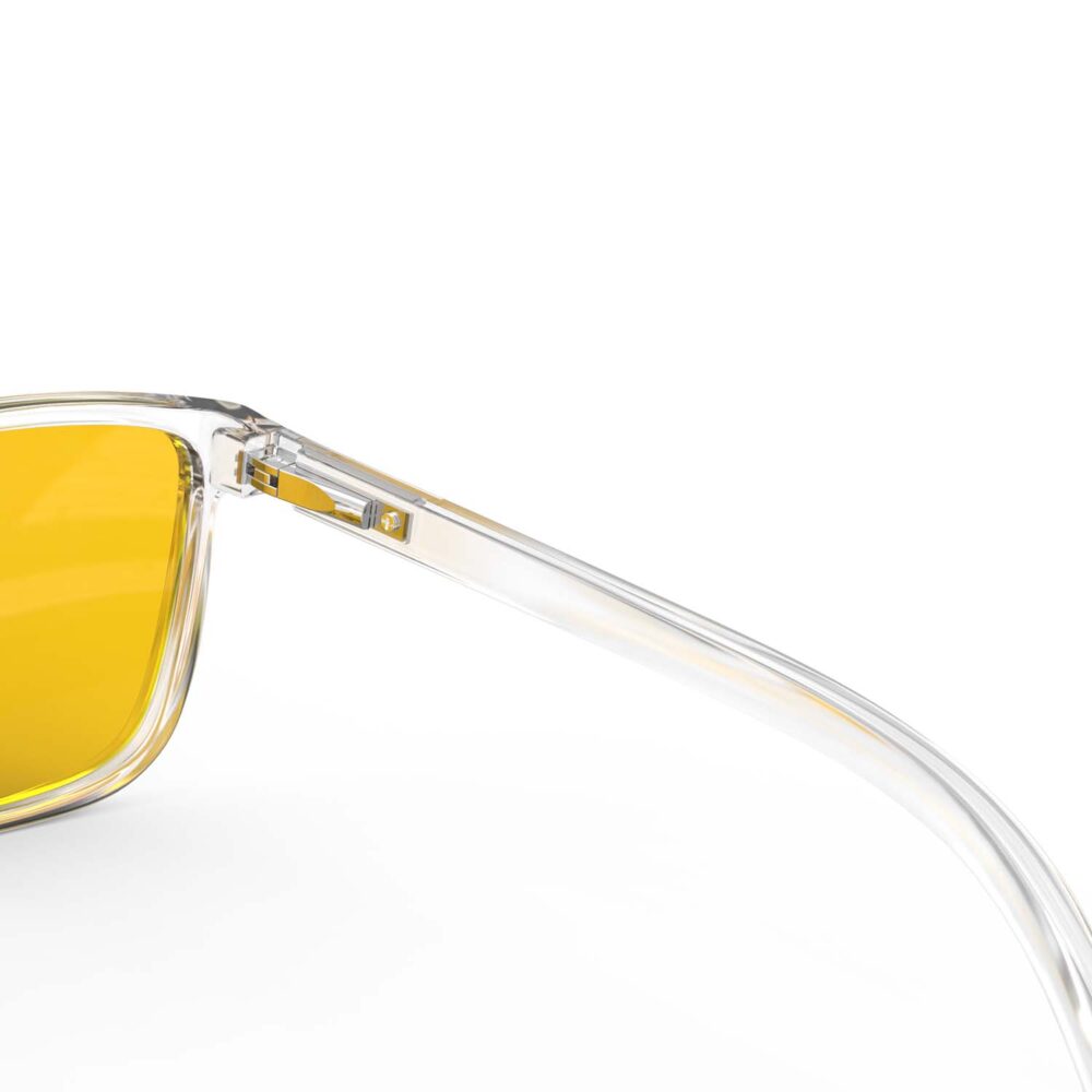 A Hinge closeup of Gloojo AmberShield Amber Lens wayfarer Light Sensitivity Glasses – Clear A Hinge closeup of Gloojo Amber Shield Amber Lens wayfarer Light Sensitivity Glasses – Clear