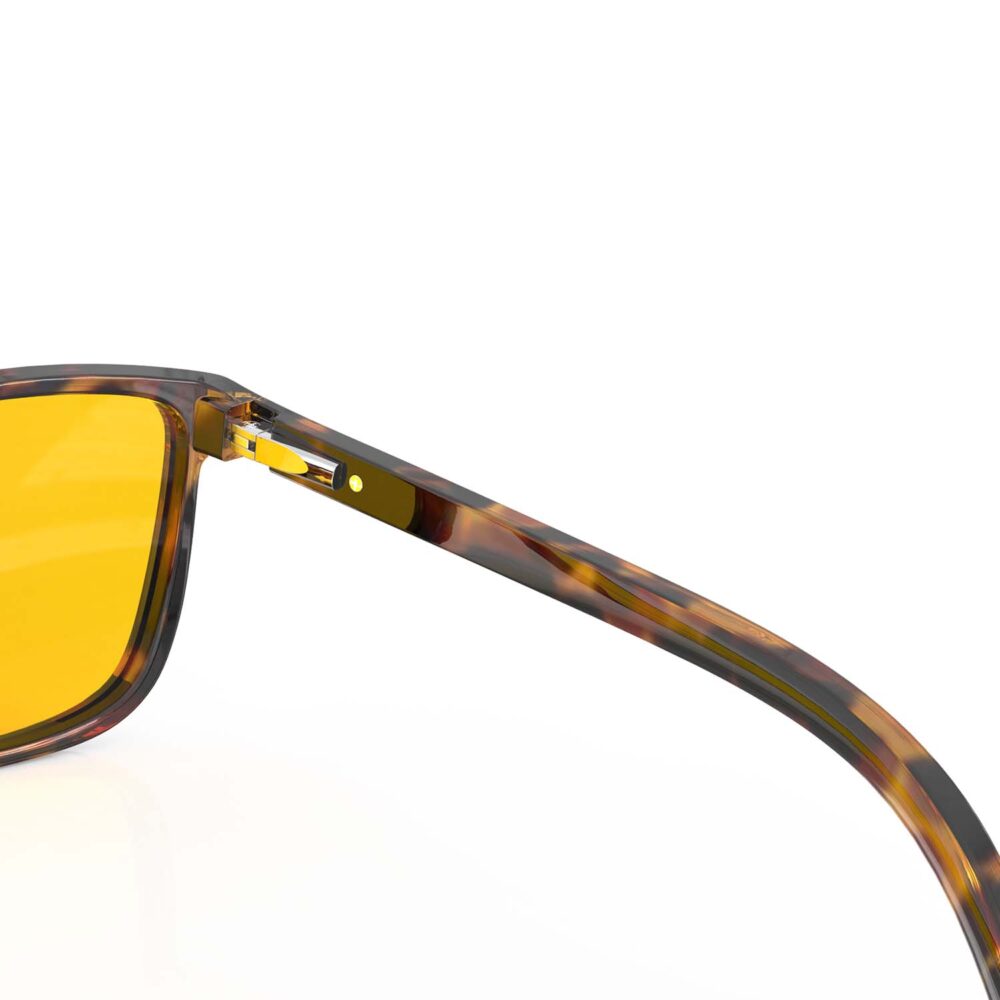 A Hinge closeup of Gloojo AmberShield Amber Lens wayfarer Light Sensitivity Glasses – Tortoiseshell A Hinge closeup of Gloojo Amber Shield Amber Lens wayfarer Light Sensitivity Glasses – Tortoiseshell