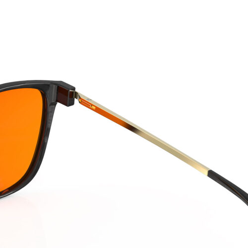 A Hinge closeup of Gloojo Night Ease Orange Lens Cat Eye Sleep Glasses-black gold