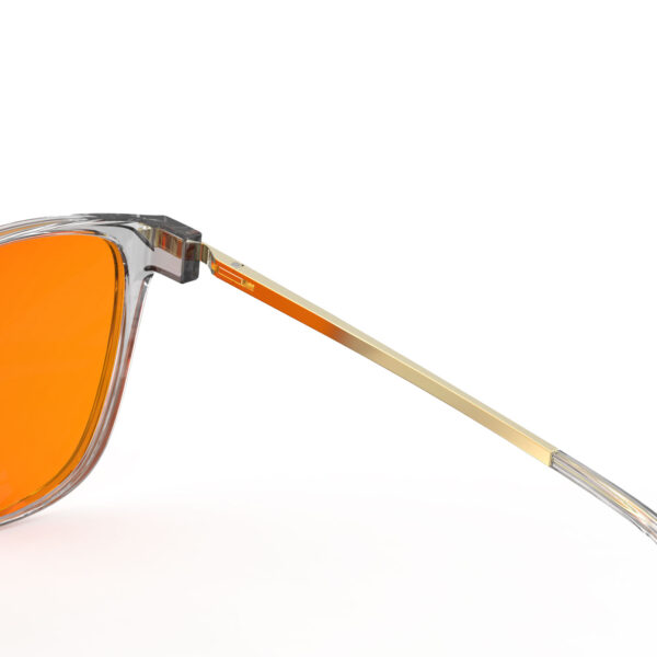 A Hinge closeup of Gloojo NightEase Orange Lens Cat Eye Sleep Glasses-grey gold