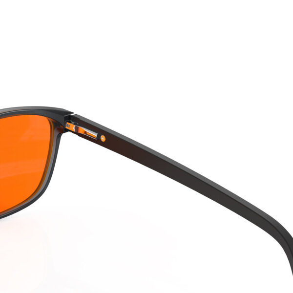 A Hinge closeup of Gloojo NightEase Orange Lens Rectangle Sleep Glasses – Black