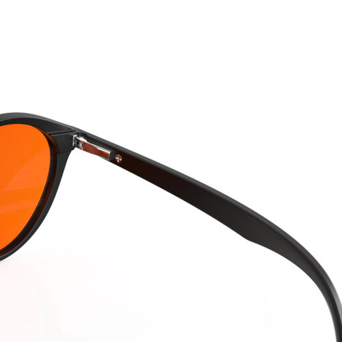 A Hinge closeup of Gloojo Night Ease Orange Lens Round Sleep Glasses – Black