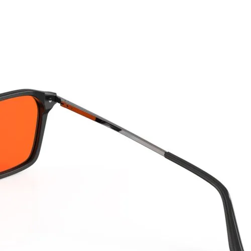 A Hinge closeup of Gloojo Night Ease Orange Lens Square Aviator Sleep Glasses – Black Gunmetal
