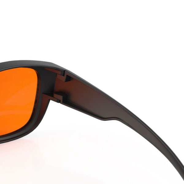 A Hinge closeup of Gloojo NightEase Orange Lens Square Fitover Sleep Glasses-black