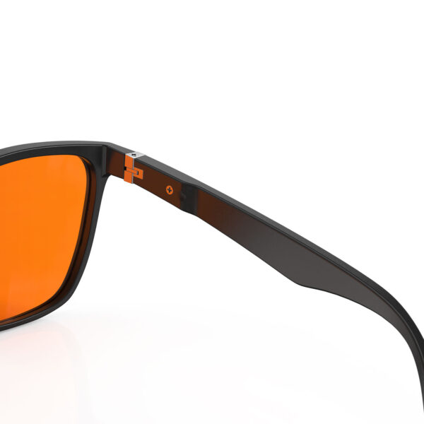 A Hinge closeup of Gloojo NightEase Orange Lens Square Sleep Glasses – Black