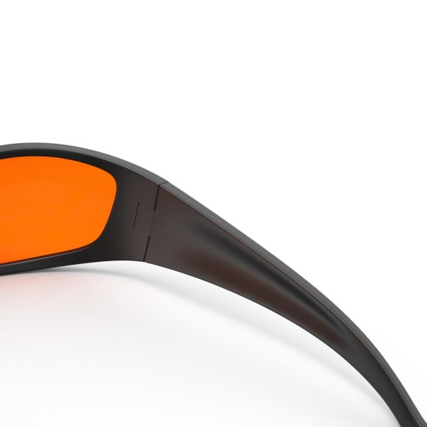 A Hinge closeup of Gloojo Night Ease Orange Lens Warp Around Sleep Glasses – Black