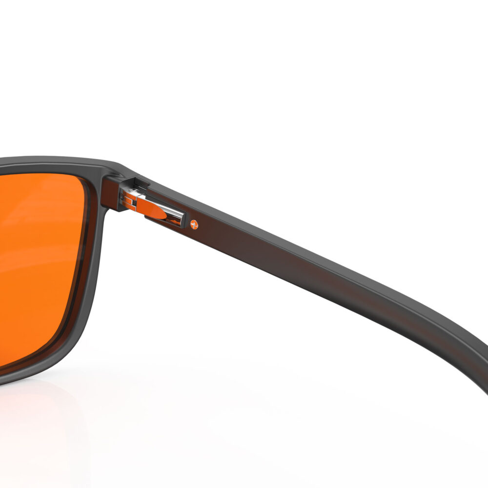 A Hinge closeup of Gloojo NightEase Orange Lens wayfarer Sleep Glasses-black A Hinge closeup of Gloojo Night Ease Orange Lens wayfarer Sleep Glasses-black