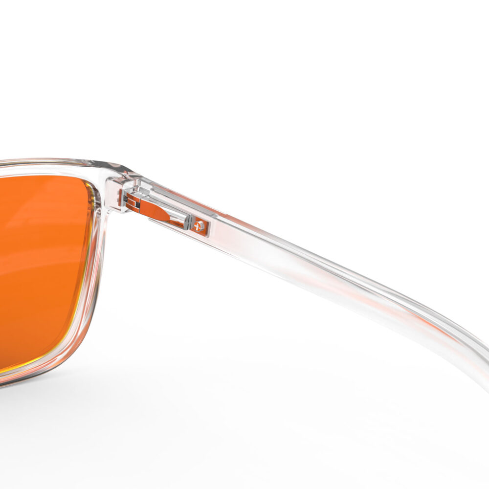 A Hinge closeup of Gloojo NightEase Orange Lens wayfarer Sleep Glasses-clear A Hinge closeup of Gloojo Night Ease Orange Lens wayfarer Sleep Glasses-clear
