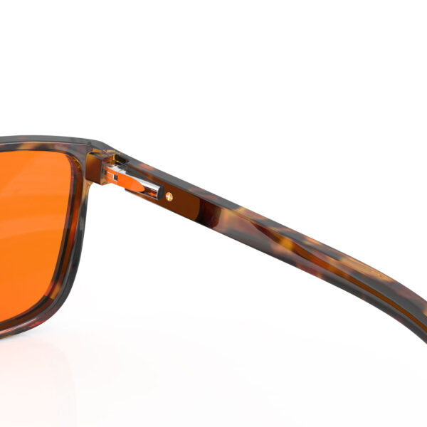 A Hinge closeup of Gloojo NightEase Orange Lens wayfarer Sleep Glasses-tortoiseshell