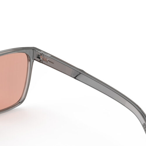 A Hinge closeup of Gloojo Rose Relief Classic Square Pink Migraine Glasses - Grey