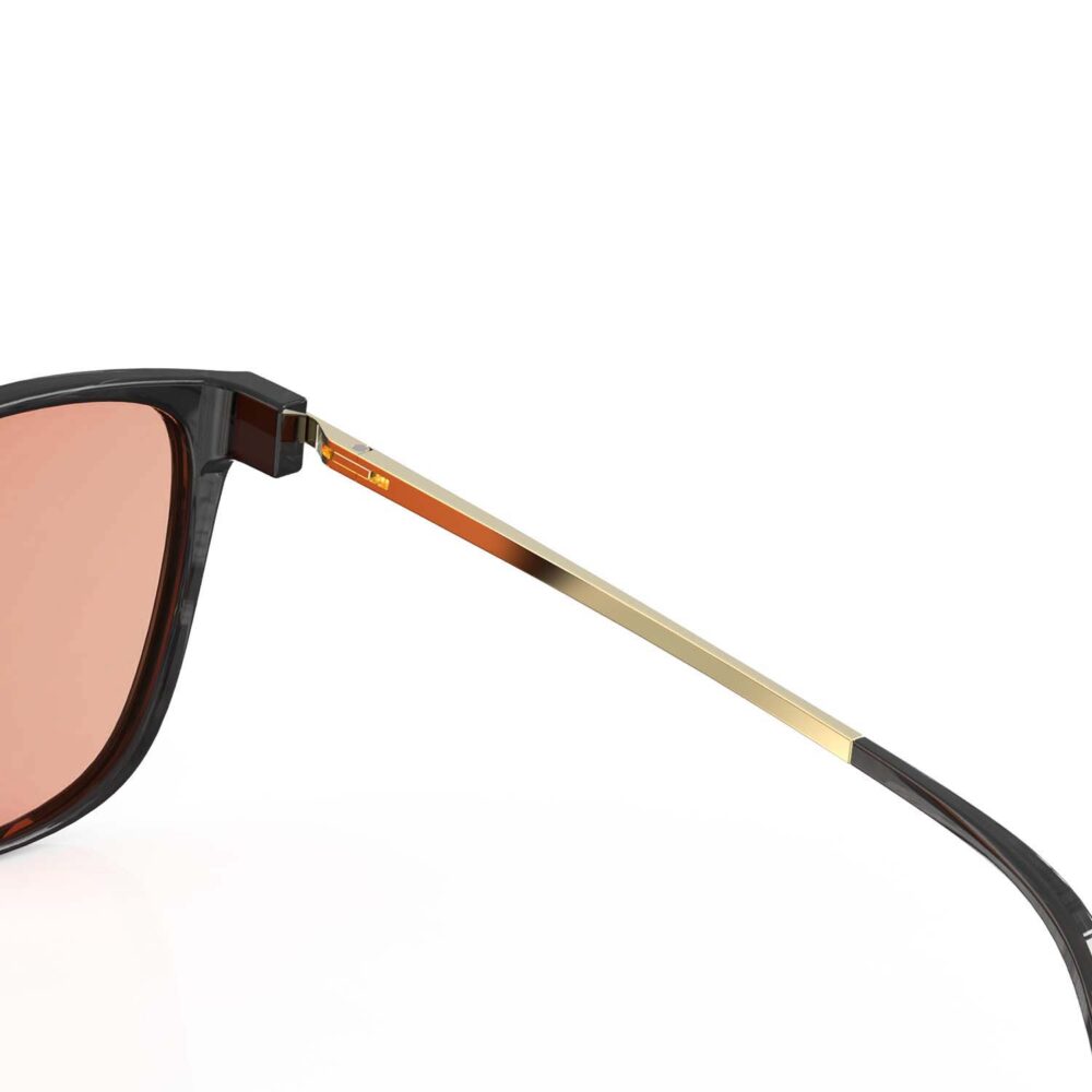 A Hinge closeup of Gloojo Rose Relief Rose Lens Cat Eye Migraine Glasses – Black Gold A Hinge closeup of Gloojo Rose Relief Rose Lens Cat Eye Migraine Glasses – Black Gold