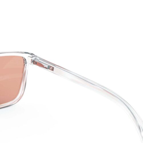 A Hinge closeup of Gloojo Rose Relief Rose Lens wayfarer Migraine Glasses – CLear