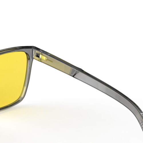 A Hinge closeup of Gloojo Sun Boost Classic Square Yellow Lens Screen Glasses – Grey