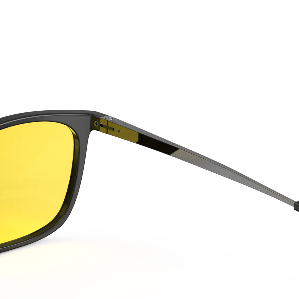 A Hinge closeup of Gloojo Sun Boost Yellow Lens Rectangle Screen Glasses – Black Gunmetal