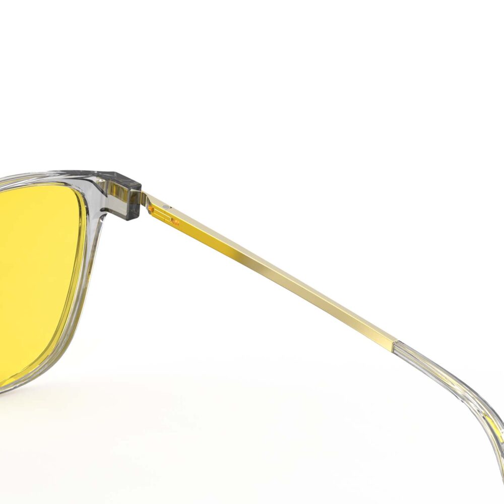 A Hinge closeup of Gloojo Sun Boost Yellow Lens Cat Eye Screen Glasses – Grey Gold