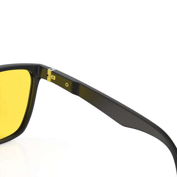 A Hinge closeup of Gloojo SunBoost Yellow Lens Square Screen Glasses – Black