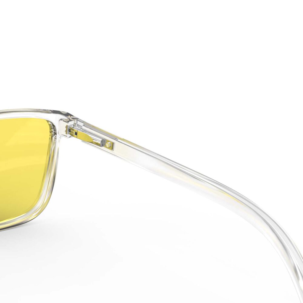 A Hinge closeup of Gloojo Sun Boost Yellow Lens wayfarer Screen Glasses – CLear
