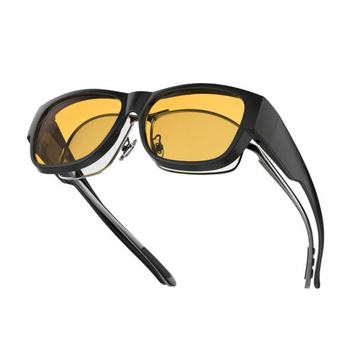 A Left side view of Gloojo Amber Shield Amber Lens Square Fitover Light Sensitivity Glasses – Black