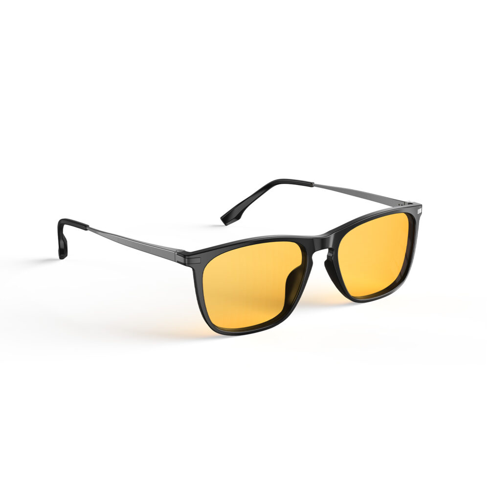 A Right side view of Gloojo Amber Shield Amber Lens Rectangle Light Sensitivity Glasses – Black Gunmetal-1